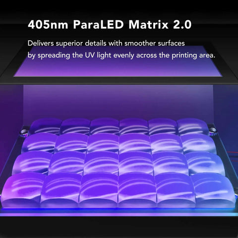 405nm ParaLED matrix inside Sonic Mighty 4K Resin 3D Printer with monochrome 9.3 inch LCD for even UV light distribution
