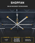 ShopFan 14 Ft HVLS Industrial Ceiling Fan for Commercial Spaces with Quiet Winglet Airfoils visible in open warehouse.