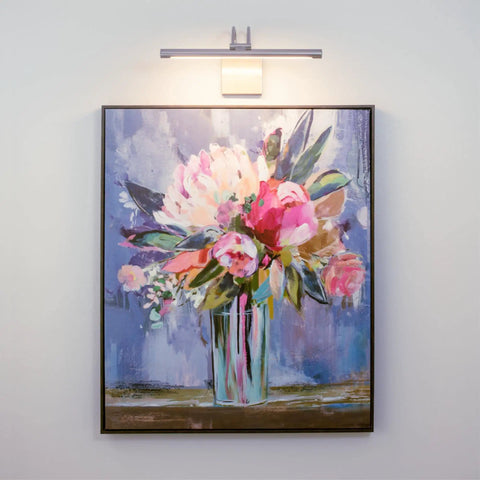 Dimmable LED Picture Light, 17 Inch, 15 Watt, Hardwired, Brushed Nickel Finish, Warm 3000K Glow, 794 Lumens lighting up a painting