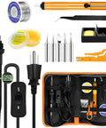 Pro Grade Soldering Iron Kit With 80W Power And LCD Temperature Readout From 180 To 520 Degrees Celsius, A Handy 13 In 1 Electronics Repair Kit With On Off Switch, Solder Wire, Flux, Five Tips, Desoldering Pump, Stand And Tweezers; image showing kit components and tools.