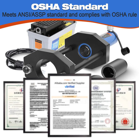Rear Suspension Bushing Pro-Grade Master Tool Set With Air Hydraulic Pump, OSHA compliance certificates visible