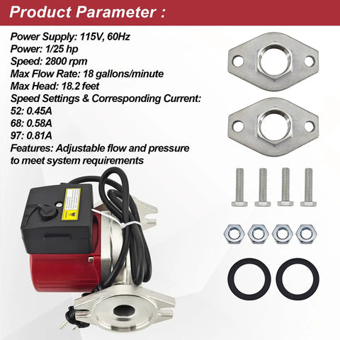 Direct Replacement 110223306 Wet Rotor Circulator Pump with specifications and accessories for seamless setup and performance.