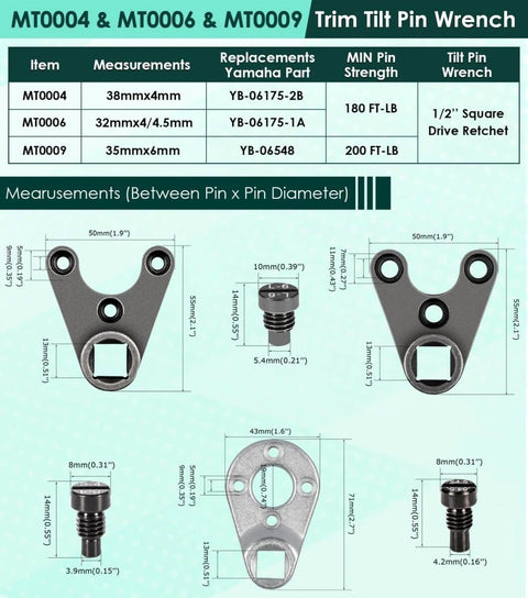 Diagram showing Trim Tilt Pin Wrench Set MT0004 MT0006 MT0009 For Yamaha Suzuki Johnson Evinrude Honda Outboards.