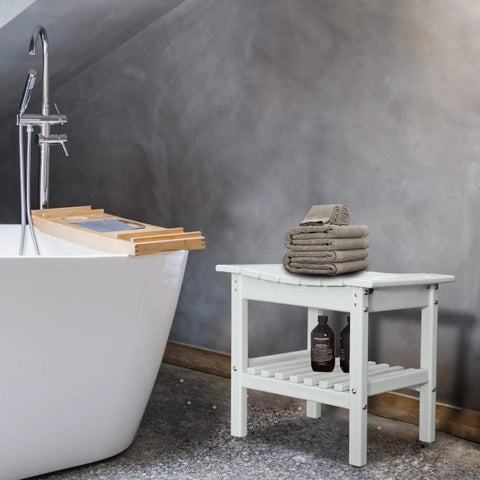 HDPE Shower Bench With Space Saving Storage Shelf For Bathroom Use Waterproof Indoor Spa Stool Comfortable Shower Chair For All Ages Unisex White Large 19.3 X 11.8 X 17.3