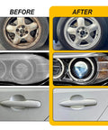 Before and after results of cleaning car wheel, headlight, and door handle using 245 Piece 2 Inch Wet And Dry Sanding Discs Kit