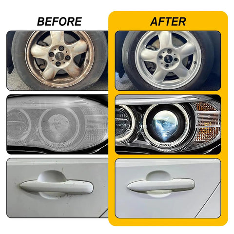 Before and after results of cleaning car wheel, headlight, and door handle using 245 Piece 2 Inch Wet And Dry Sanding Discs Kit