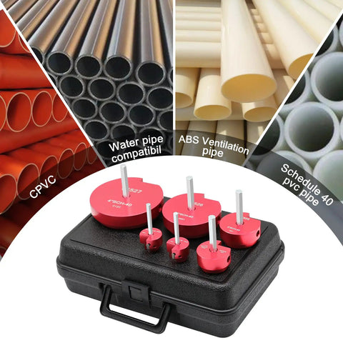 Six Piece PVC Pipe Reamer Kit For Drills with various size heads displayed on a case, CPVC and ABS pipes in background