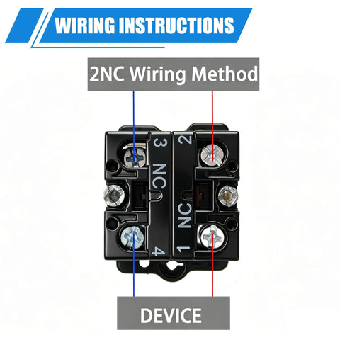 2NC wiring method for Red Mushroom Emergency Stop Button Switch 22mm 2NC Latching Estop 600V 10A, shown on black terminal
