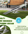 71 Inch Dog Agility Seesaw Outdoor Training Platform with color-marked zones for beginners and pros in a backyard setting