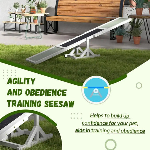 71 Inch Dog Agility Seesaw Outdoor Training Platform with color-marked zones for beginners and pros in a backyard setting