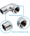 2-pack 304 stainless steel 90-degree elbow, 1/2 in NPT, female-to-male pipe fitting; front view and thread close-ups.