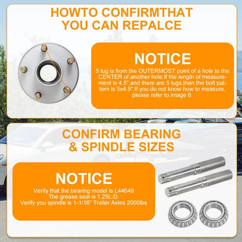 Heavy Duty 2000 Lb Galvanized Trailer Idler Hub Kit with bolt pattern and spindle size confirmation instructions.