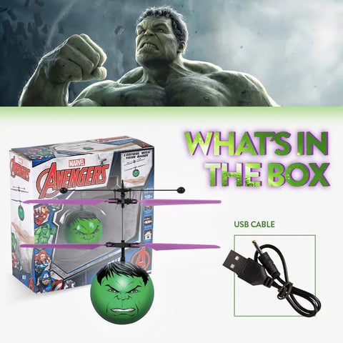 Packaging of Motion Sensing Hulk Flying Orb Toy With USB Charging Marvel Licensed Indoor Outdoor Ball Drone For Kids 6 And Up