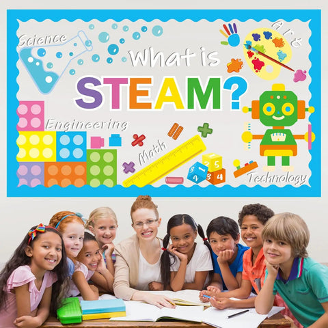 Back To School Bulletin Board Decorations Set For Classrooms Includes 16 Borders 5 Adhesive Dots And STEAM Science Technology Engineering Art And Math Cutouts A Real Must Have For Teachers And Students Decor featuring STEAM cutouts and happy students