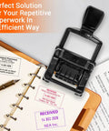 Top Shelf Custom Self Inking Rubber Date Stamp on a notebook with personalized stamps for efficient office documentation.