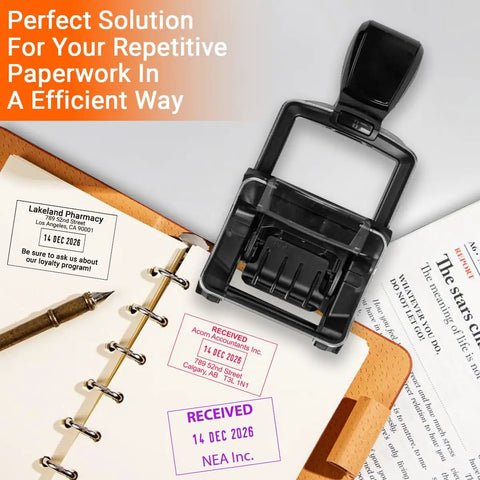 Top Shelf Custom Self Inking Rubber Date Stamp on a notebook with personalized stamps for efficient office documentation.