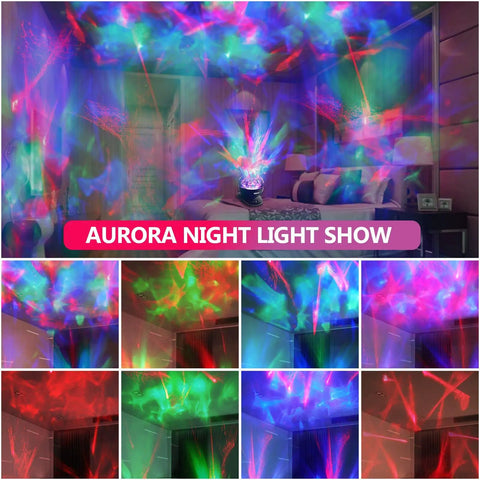 Aurora Borealis Light Projector With Remote, 8 Lighting Modes, Built In Speaker And Timer, LED Moving Lit Psychedelic Night Light for bedroom ceiling, displaying colorful aurora effects.