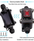 IP67 Waterproof Inline Cord Switch 12V DC 20A DPST 4 Pin Two Position On Off Outdoor Toggle With Red Light Rocker Button Two Side Entry and Exit Line Latching Action Weatherproof Electrical Switch, black shell, PG9 terminal