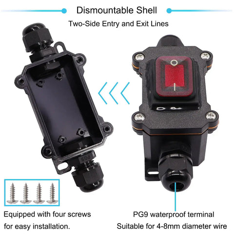 IP67 Waterproof Inline Cord Switch 12V DC 20A DPST 4 Pin Two Position On Off Outdoor Toggle With Red Light Rocker Button Two Side Entry and Exit Line Latching Action Weatherproof Electrical Switch, black shell, PG9 terminal