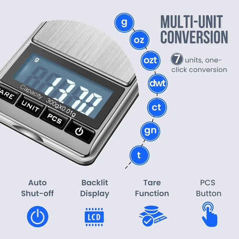 Compact Digital Scale With.01 Gram Precision For Jewelry Gold And Coins Portable scale showing multi-unit conversion features