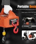 Heavy Duty Electric Hoist Winch With Wired Remote 1100 Lbs portable chain hoist with rubber handle, shown upright and ready for use.