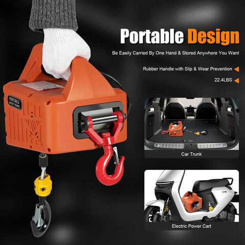 Heavy Duty Electric Hoist Winch With Wired Remote 1100 Lbs portable chain hoist with rubber handle, shown upright and ready for use.