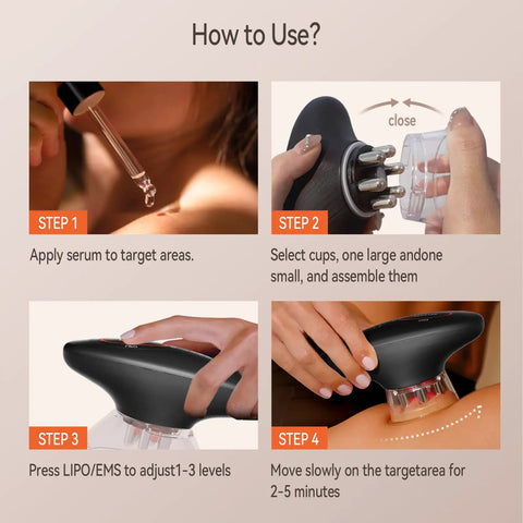 4 steps showing use of 3-In-1 Body Sculpting Machine With Red Light Vacuum Suction And Microcurrent at home with glide oil