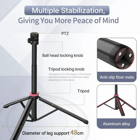 Detailed view of MT79 Extendable Aluminum Tripod Stand 81 Inch Reach With Quarter Inch Screw And 180 Degree Rotation For Cameras And Phones