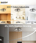 20 Inch Flush Mount Ceiling Fan With App Control And Led Lighting In Sleek Black, showing adjustable color temperatures and dimming.