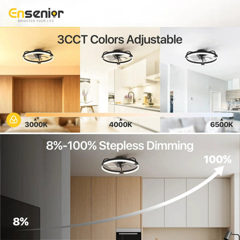 20 Inch Flush Mount Ceiling Fan With App Control And Led Lighting In Sleek Black, showing adjustable color temperatures and dimming.
