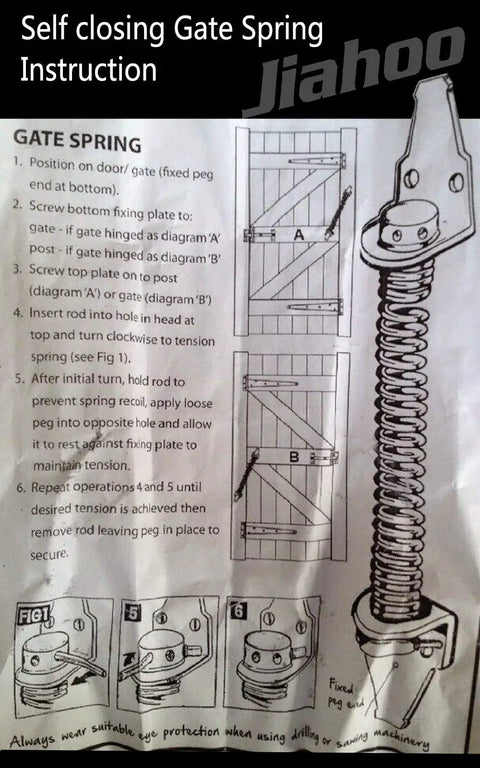 Instruction sheet for 13 Inch Self Closing Gate Spring Hardware For Wooden And Vinyl Fences With Adjustable Tension Tool