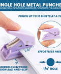 Close-up of purple single hole puncher from 8 Pack 1 Inch 3 Ring Binders Set With 2 Pack Single Hole Punch And 120 Sticky Index Tabs Dope Colorful Pink Blue Green White For Eight And A Half By Eleven Inch Paper Perfect For Office School Organization.