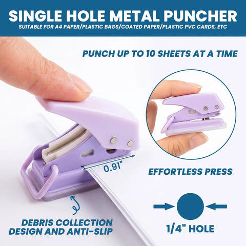 Close-up of purple single hole puncher from 8 Pack 1 Inch 3 Ring Binders Set With 2 Pack Single Hole Punch And 120 Sticky Index Tabs Dope Colorful Pink Blue Green White For Eight And A Half By Eleven Inch Paper Perfect For Office School Organization.