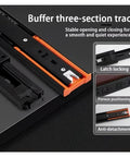 2 Pack Heavy Duty Metal Buffer Drawer Slides Bottom Mounted Concealed Design with orange latch for smooth gliding.