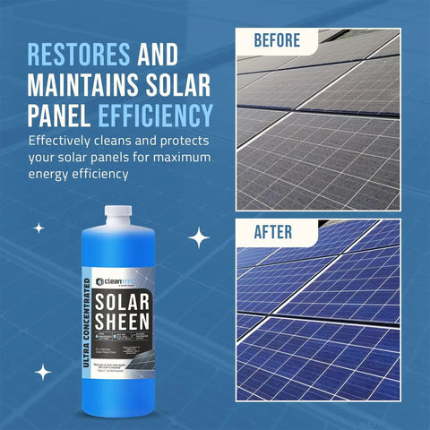 Solar Panel Cleaner Super Concentrated Formula, 32 Oz Makes Up To 128 Gallons, Wipes Away Oils Fingerprints And Water Spots bottle, before and after cleaning effects on solar panels