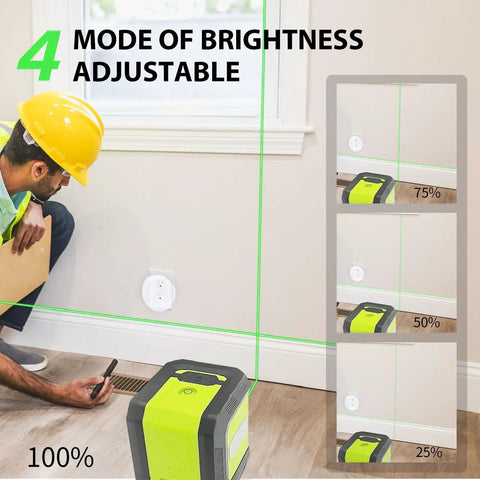 Pro Grade Green Cross Line Laser Level With Tripod, Self Leveling 100 Ft Range, 360 Degree Swivel Base For Construction And Leveling Projects, Batteries And Carry Bag Included, 4 brightness modes shown