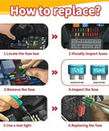 Steps for using All In One Car Fuses Kit Bundle With 300 And 600 Pcs Blade Fuses, showing fuse replacement process.