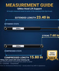 Measurement guide for QiMox hood lift support, showing extended and compressed lengths, 23.40 in and 15.80 in.