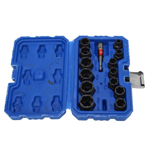 14Pcs Nut Remover Extractor Kit For Damaged Bolts And Rusty Nuts 3/8in Hex Socket Set in open blue storage box