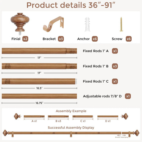 Heavy Duty Wooden Curtain Rods For Windows 48 To 84 Inches with Boho Wood Grain Finials, brackets, and rods assembly details