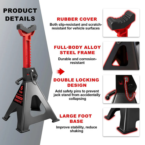 SENKEYFE 6-Ton jack stands pair with rubber-covered jaws, double-pin locking, steel frame, 15–23 in height.