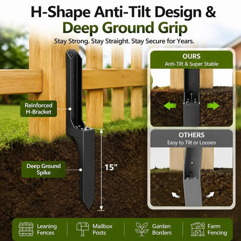 H-Shape Anti-Tilt Design deep ground spike for Heavy Duty Fence Post Repair Kit For Leaning Wooden Supports Quick No Dig Fix.