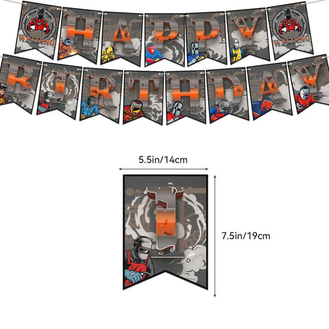 Welding Theme Birthday Party Decor Kit with Happy Birthday banner featuring electric welder design, 5.5in x 7.5in size.