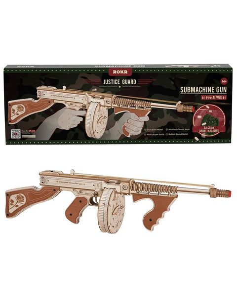 3D Wooden Puzzle Kit For Adults 275 Pieces Submachine Shooter With Rubber Band Firing model kit box and assembled model