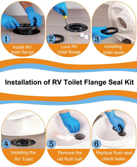Instructions for "RV Toilet Seal and 3 Inch Socket Floor Flange Kit for 300 310 320 Toilet Replacement Parts with Flange and Seals 385345892 385311658 385311652 3 In 1 Repair Kit Durable and Easy to Install On The Go" showing installation steps.