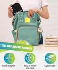 Airplane Foot Hammock Travel Sling With Thickened Bamboo Rest shown with storage bag and green backpack for travel convenience.