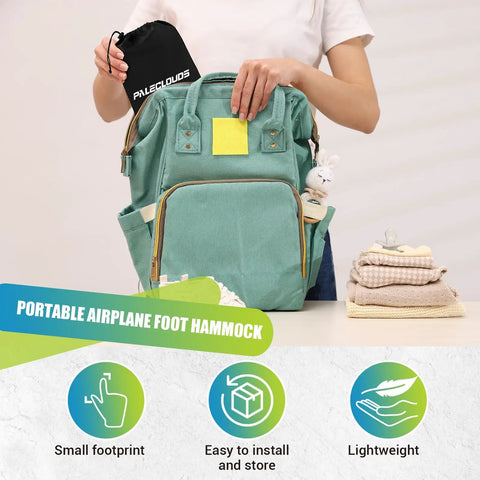 Airplane Foot Hammock Travel Sling With Thickened Bamboo Rest shown with storage bag and green backpack for travel convenience.