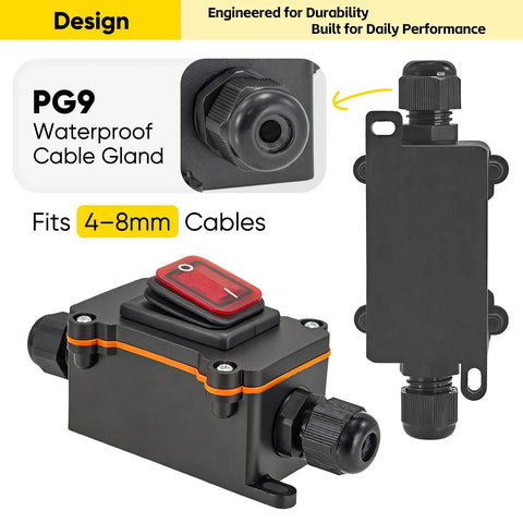 Waterproof Inline Rocker Switch Box For 12V To 24V Systems, 20A Lighted On Off Toggle Switch For Equipment, PG9 Cable Glands