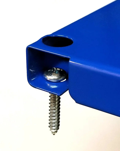 Close-up of blue steel panel corner with mounting screw for Heavy Duty Steel Pegboard Rack Pack With Two Blue 32 Inch By 16 Inch Horizontal Metal Pegboard Panels For Garage Or Workshop Organization And Maximum Weight Capacity.