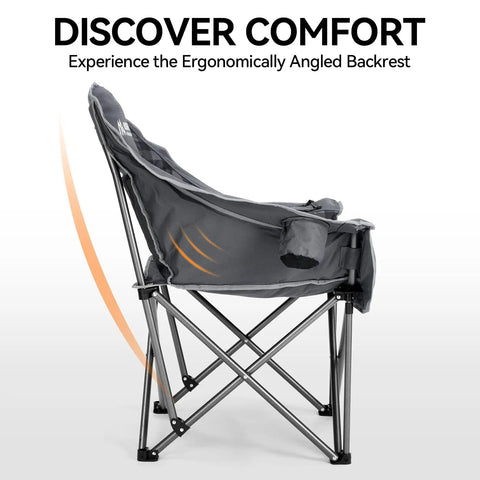 Two Pack Oversized Heavy Duty Camping Chairs Padded And Foldable With Cup Holder And Cooler Bag Portable Lawn Chairs For Sports And Outdoors Supports Up To 450 Lbs Grey, ergonomic design side view